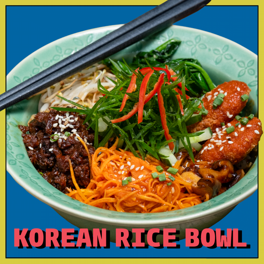 a graphic of our January Special, Korean rice bowl, featuring soy beef and shiitake bulgogi complemented with tofu nuggets in gochujang miso. Served with brown rice, julienne carrot gochujang, sauteed spinach, bean sprouts, fresh cucumber and leek.